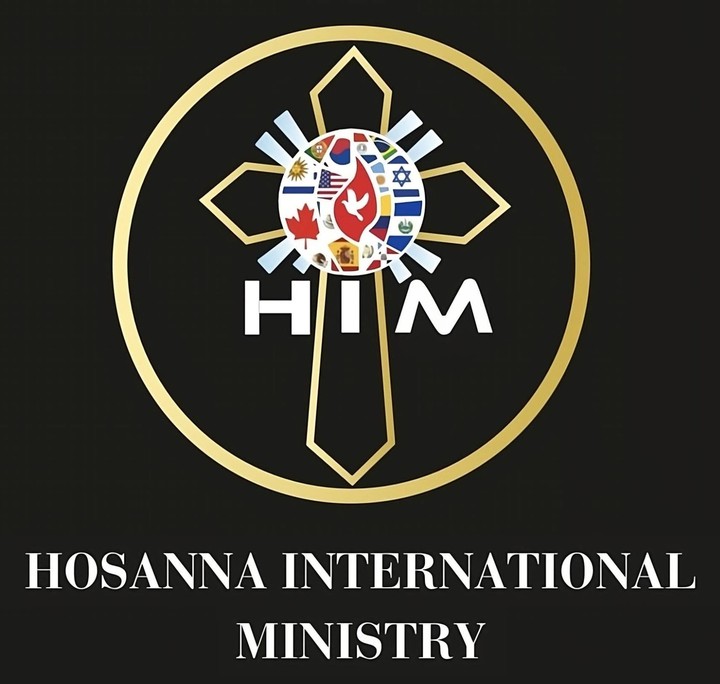 Hosanna International Ministry logo: a gold cross within a circle, centered on a globe of world flags with a flame and dove, above the letters HIM.